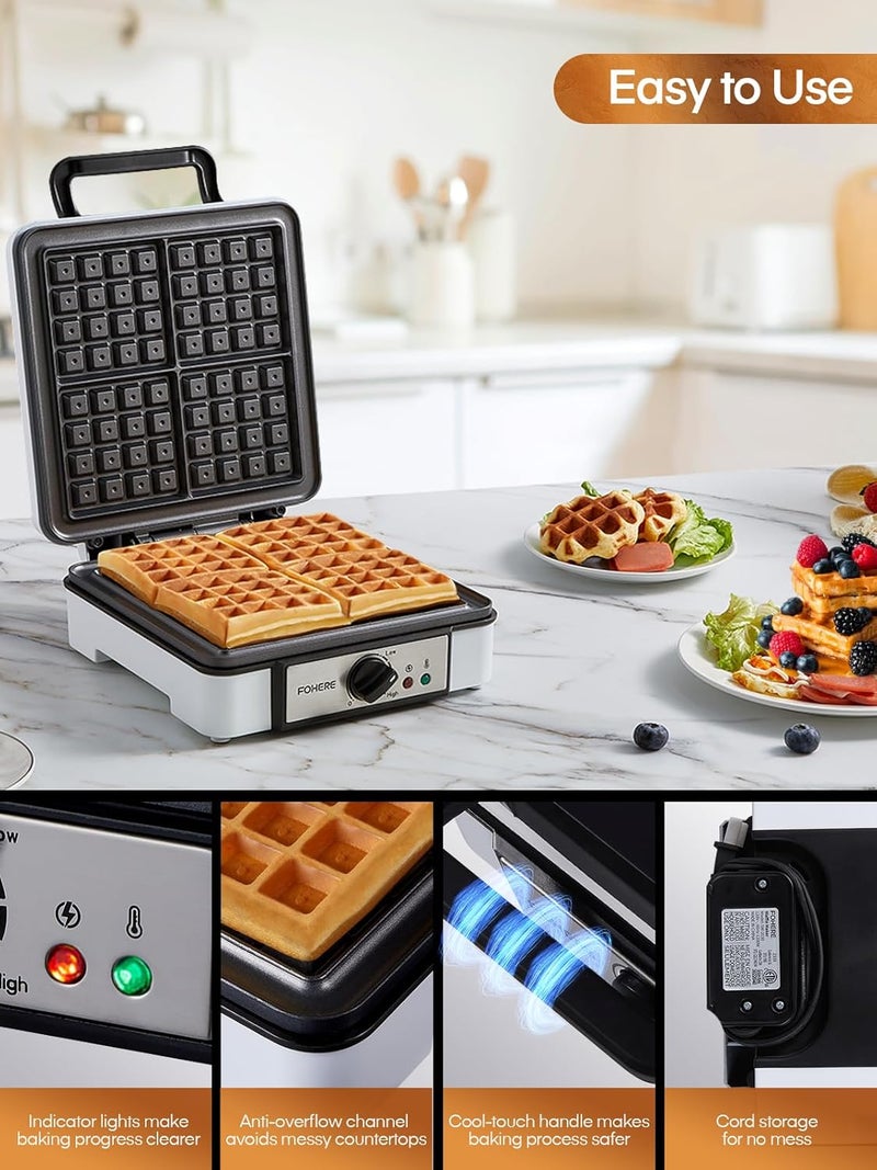 FOHERE Belgian Waffle Maker 4 Slices, 1200W Square Waffle Iron, 5 Browning Levels, Nonstick Plates, Cool-touch Handle, Anti-scald, Anti-overflow, Indicator Lights, Recipe, White (Large) - Image 4